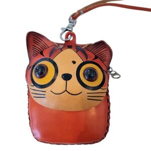 Firenze Italian Leather Cat Coin Purse Wristlet Hand Painted Vintage Style